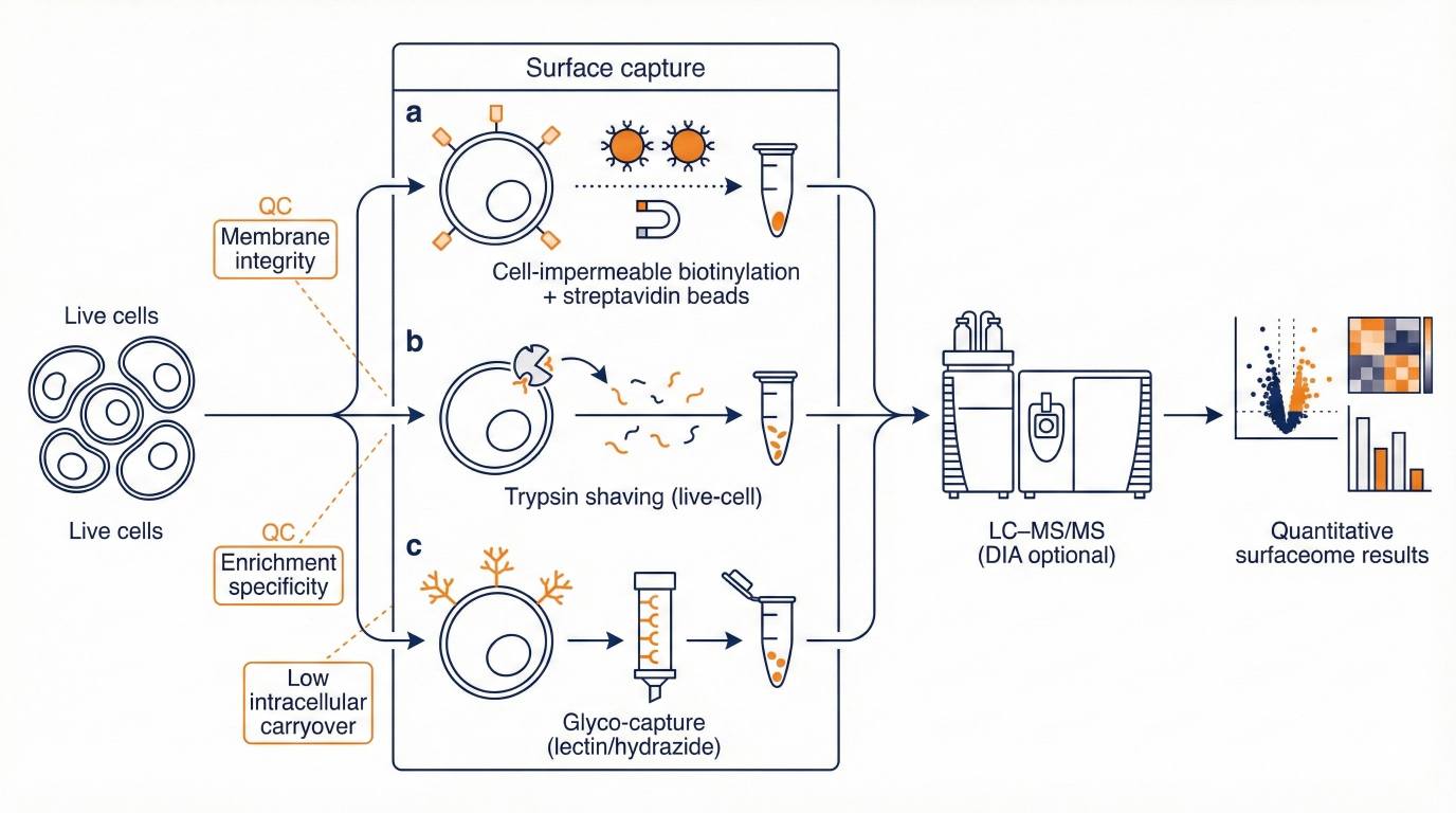 Diagram of surfaceome profiling with biotinylation, shaving, glyco-capture, LC–MS/MS, optional DIA, and QC.