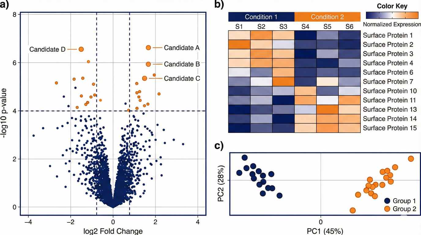 Multi-panel plot with volcano, heatmap, and PCA showing condition-separated surface proteins and highlighted hits.