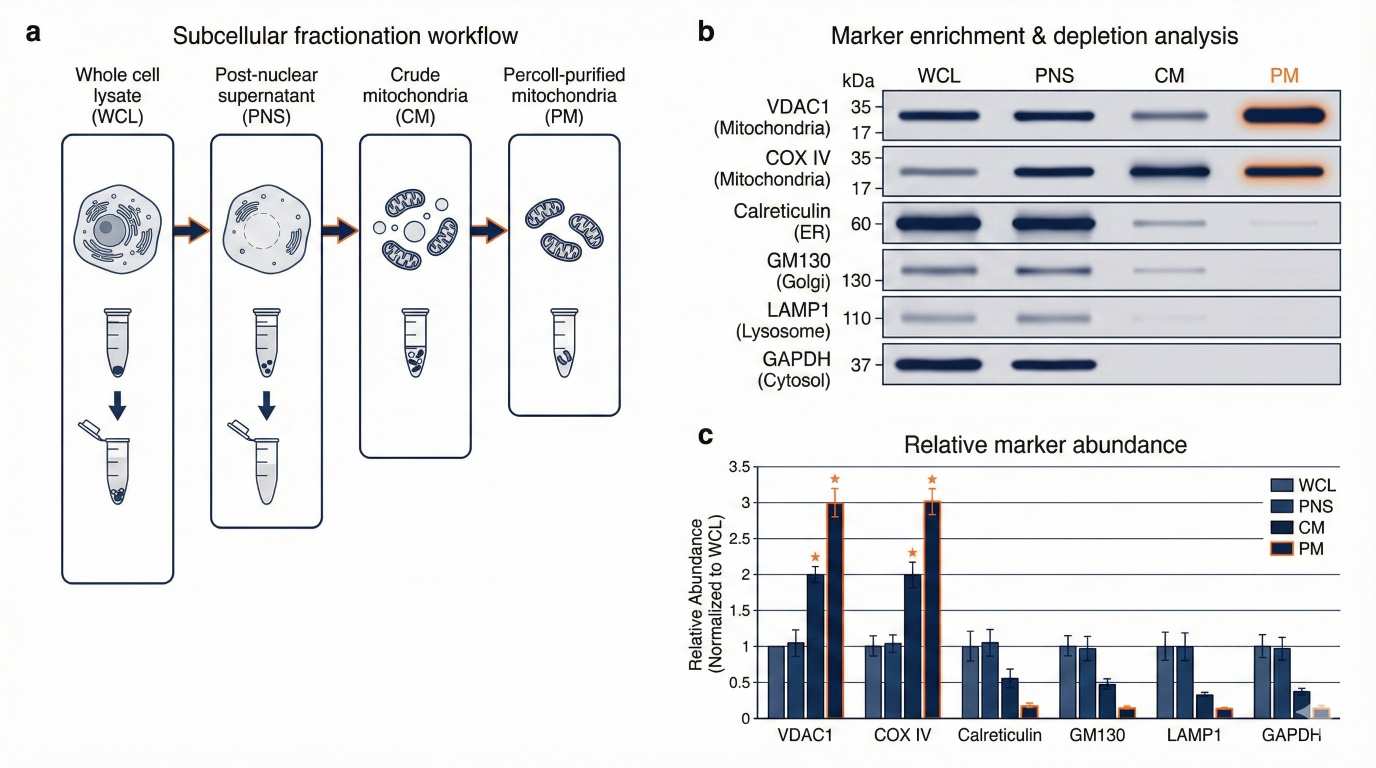 Multi-marker Western blot and bar chart showing mitochondrial enrichment and ER/cytosol depletion across fractions.