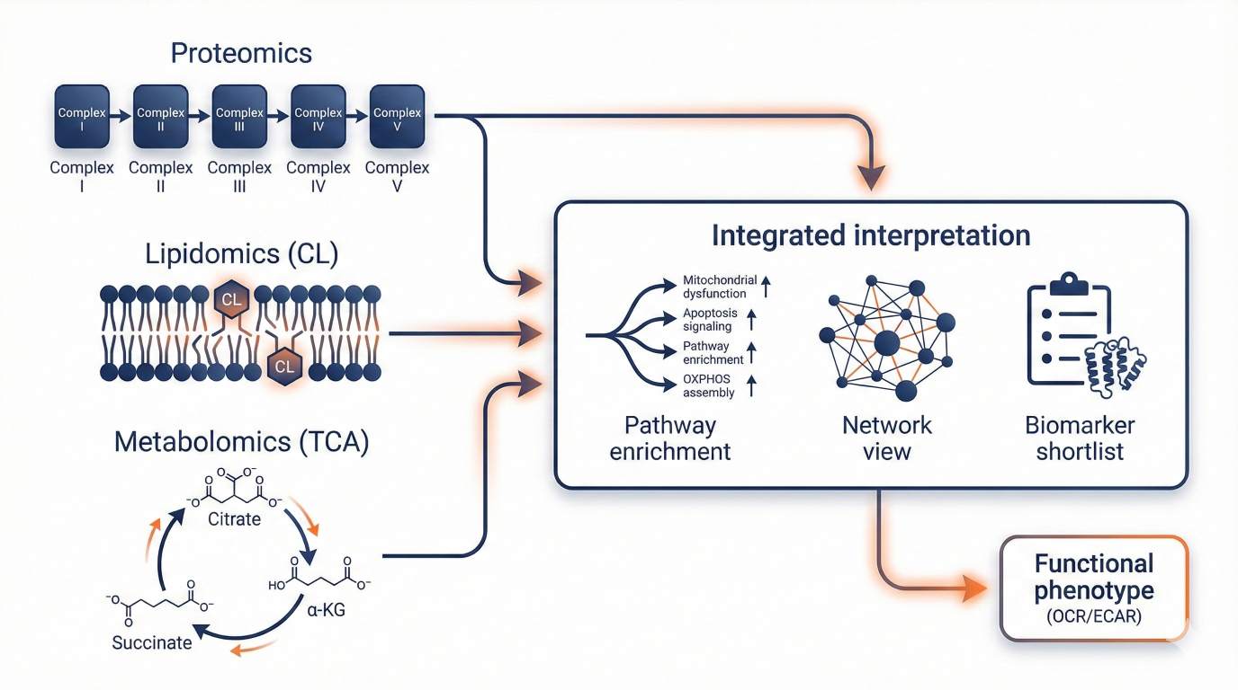 Schematic integrating proteomics, cardiolipin lipidomics, and TCA metabolomics into a mechanism map.