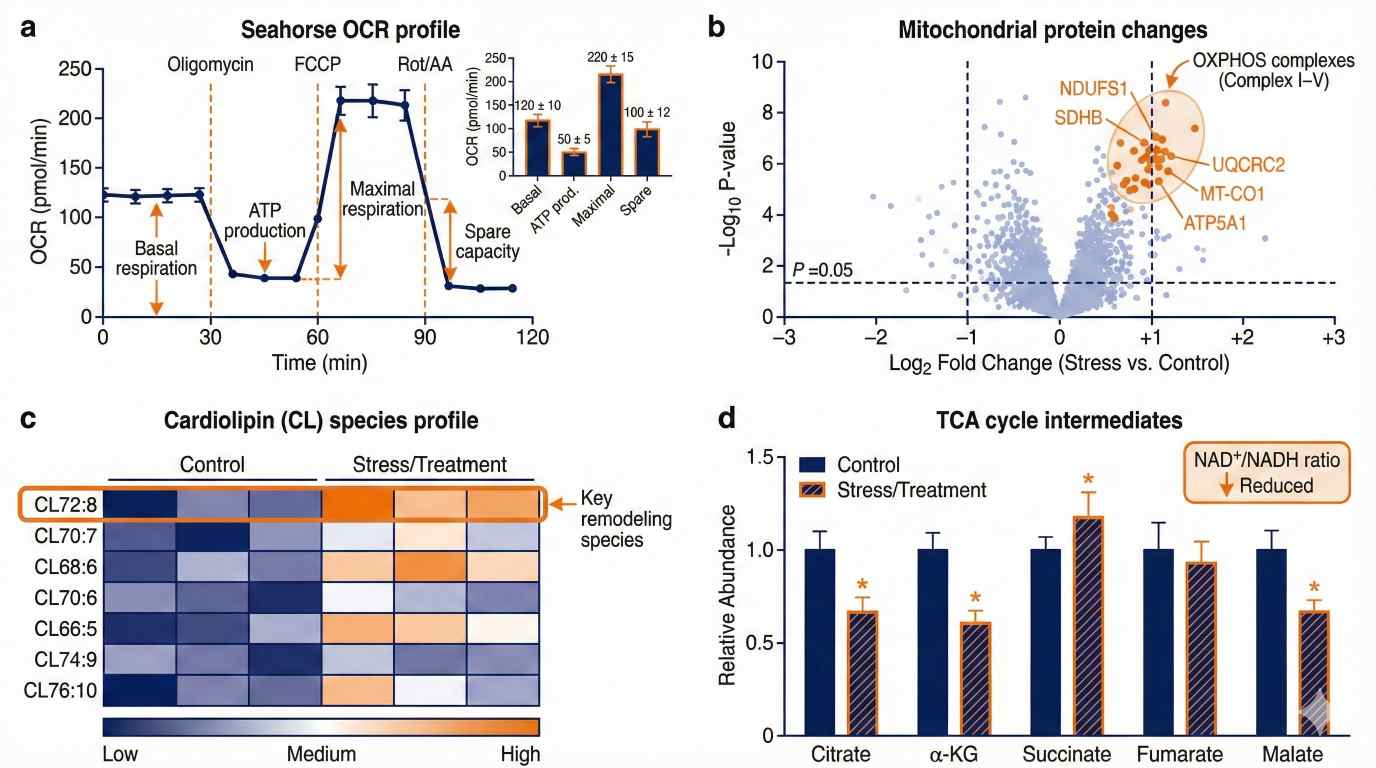 Integrated figure showing example Seahorse OCR, ETC protein volcano plot, cardiolipin heatmap, and TCA metabolite bars.