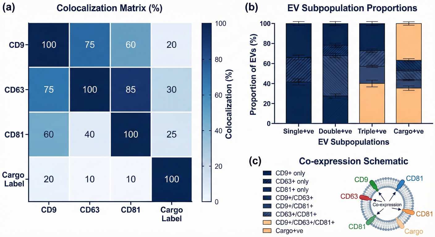 ExoView single-particle exosome colocalization matrix heatmap with stacked bars showing EV subpopulation proportions.