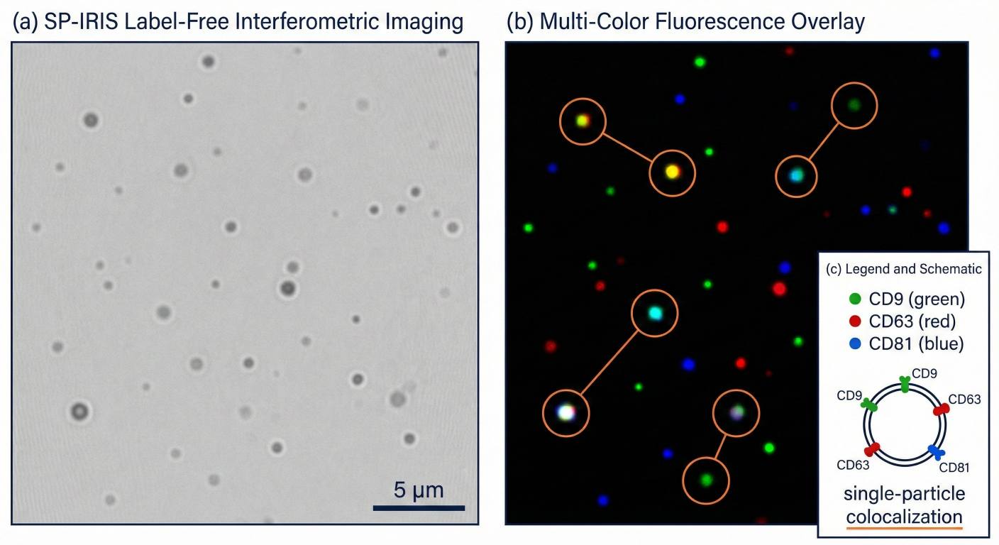 Multi-panel ExoView SP-IRIS single-particle EV image showing label-free field and 3-color marker colocalization overlays.