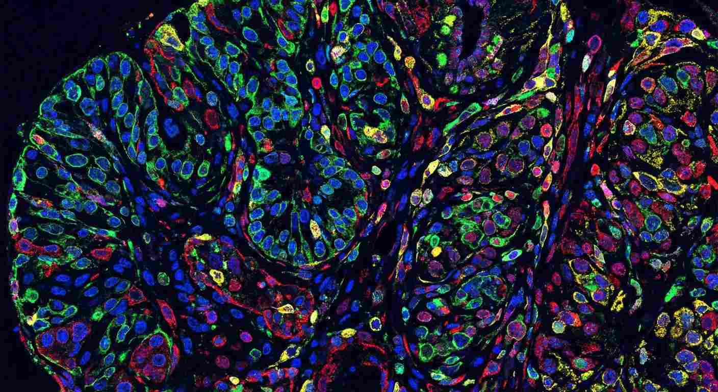 High-plex PhenoCycler immunofluorescence image of tissue showing 20+ protein markers in varied colors at single-cell resolution.