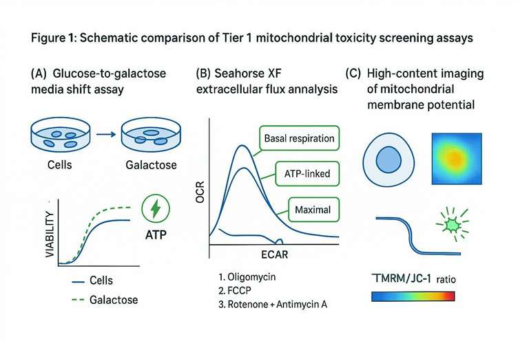 Schematic comparison of Tier 1 mitochondrial toxicity screening assays: glucose-galactose shift, Seahorse OCR/ECAR stress test, and high-content imaging of membrane potential