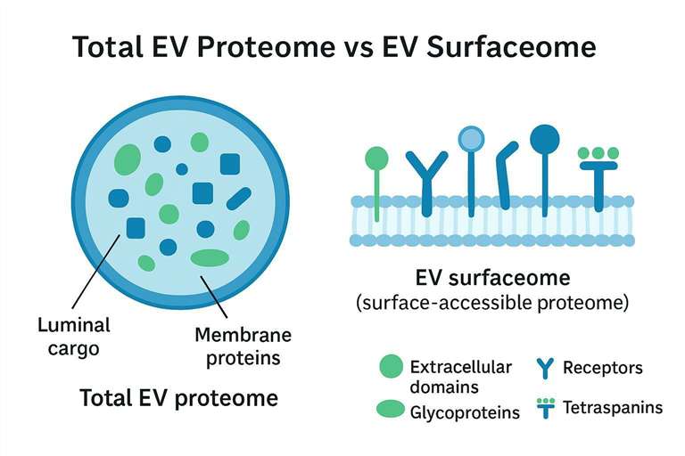 Infographic contrasting total EV proteome vs surfaceome