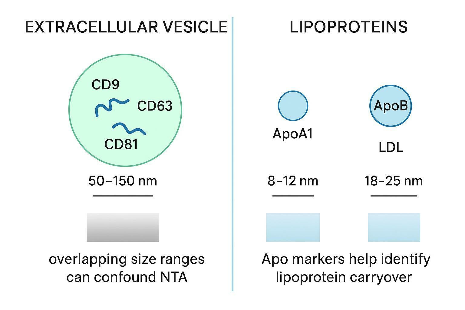 Diagnostic schematic differentiating EVs versus HDL/LDL particles by size, density, and Apo markers