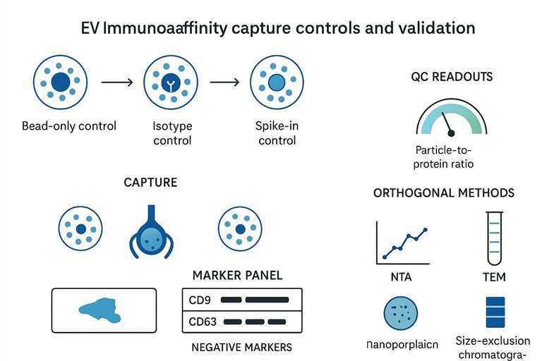 Workflow infographic showing recommended controls (bead-only, isotype, spike-in) and validation readouts (particle-to-protein, marker panels, NTA/TEM/WB).