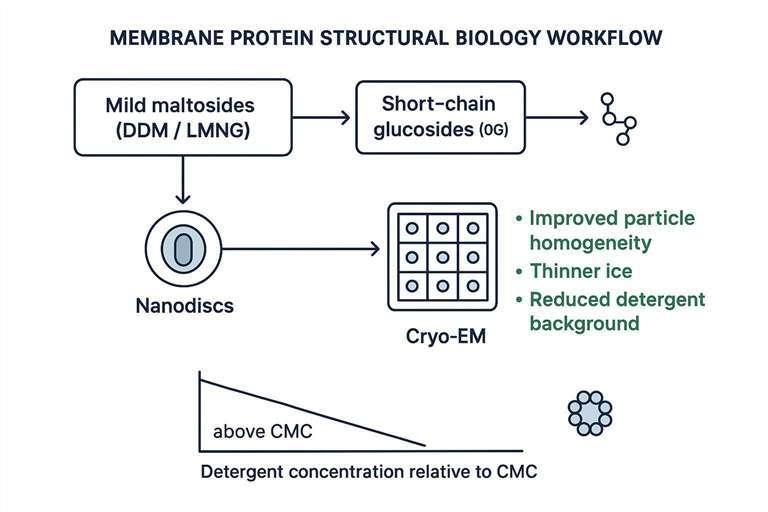 Schematic: exchanging from mild maltosides to glucosides or nanodiscs with concentration vs CMC guidance