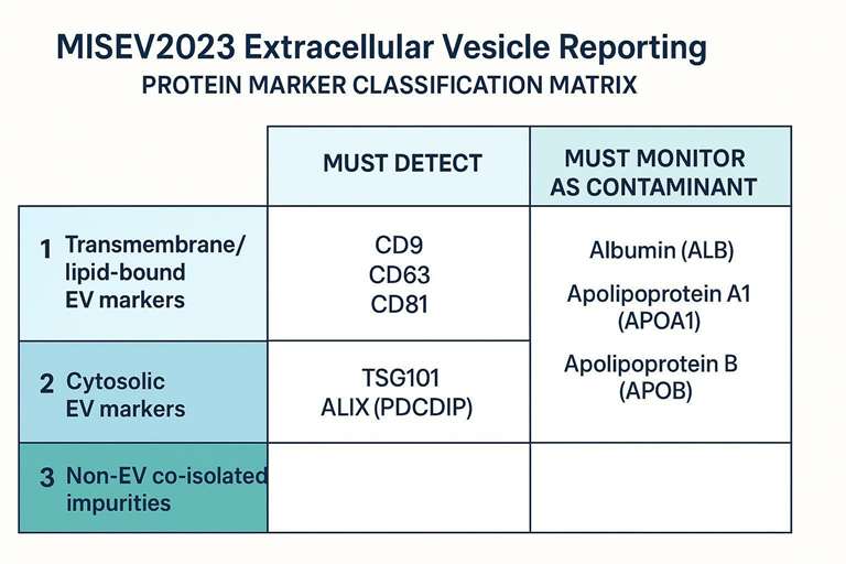 Protein marker classification matrix: MISEV2023 Categories 1 (transmembrane), 2 (cytosolic), 3 (non-EV impurities) mapped to standard example proteins.
