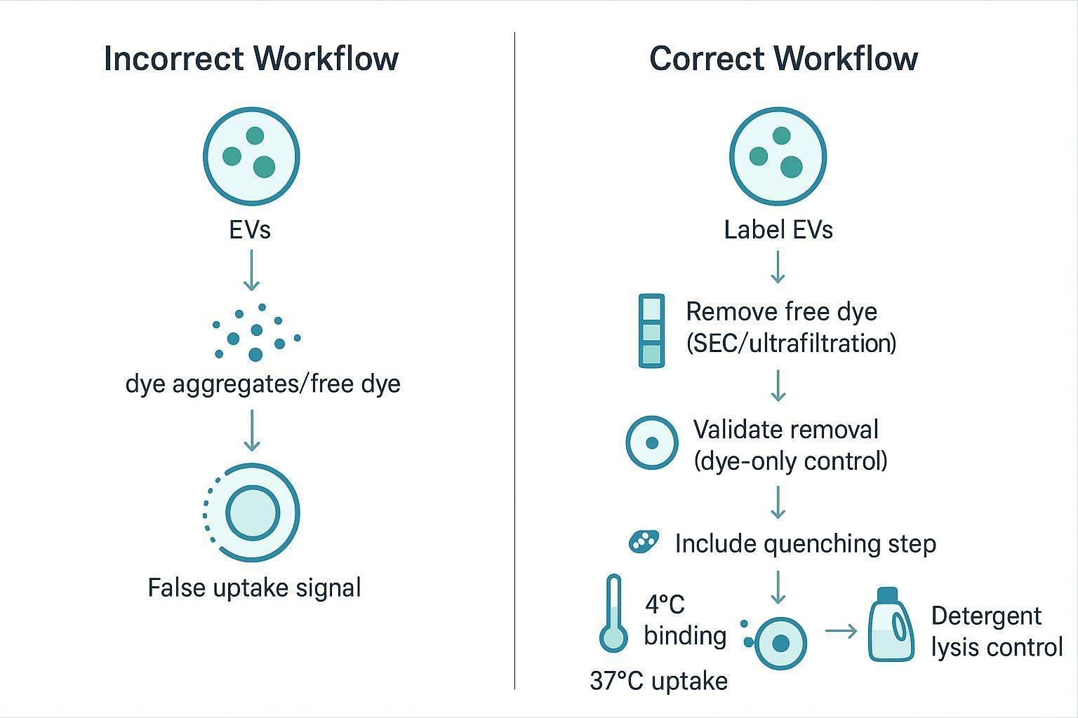 Schematic diagram: proper EV uptake controls per MISEV2023 showing free-dye removal validation, dye-only controls, quenching, and temperature shift (4°C vs 37°C).