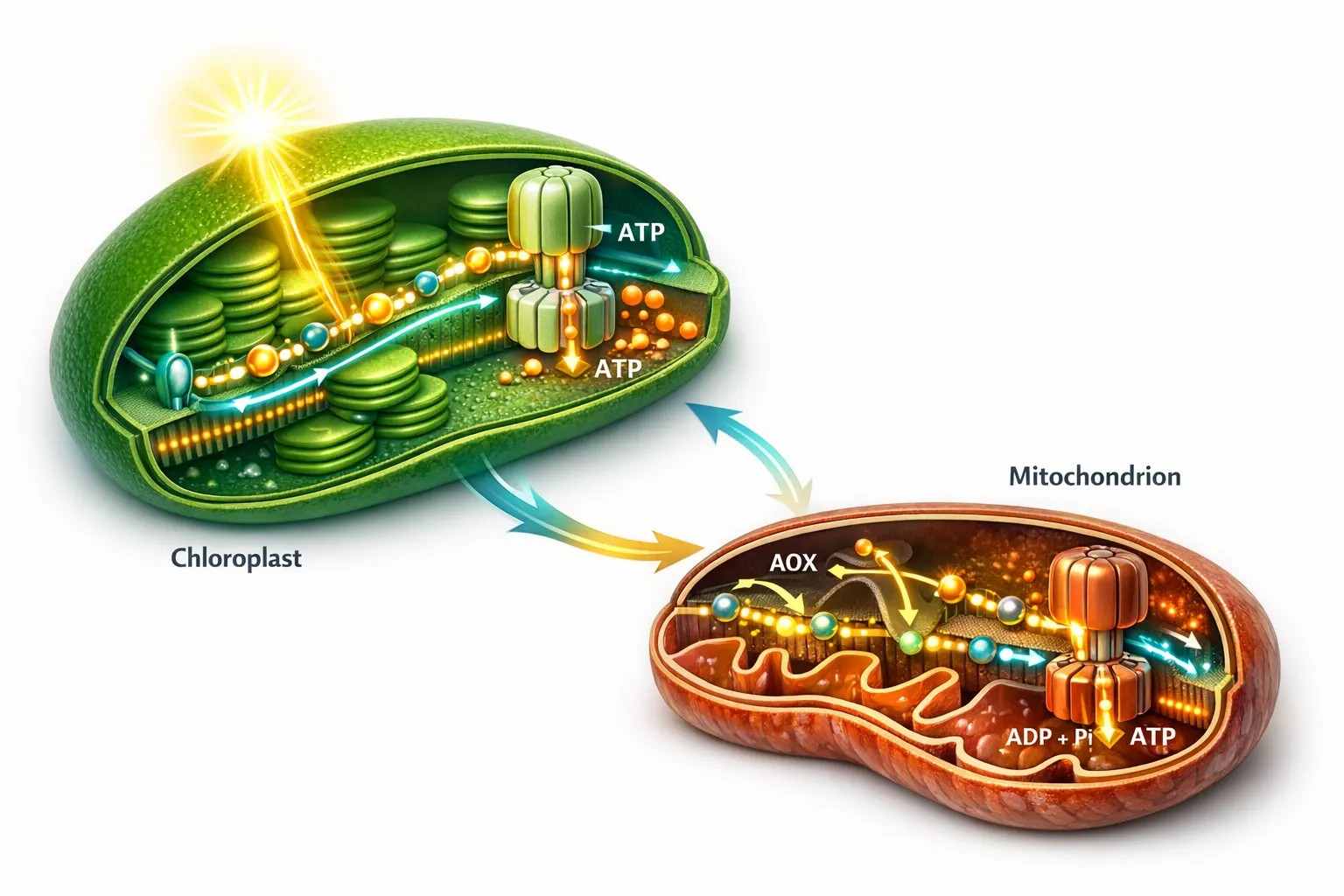 Chloroplast and mitochondrial ATP generation form a dual-engine system