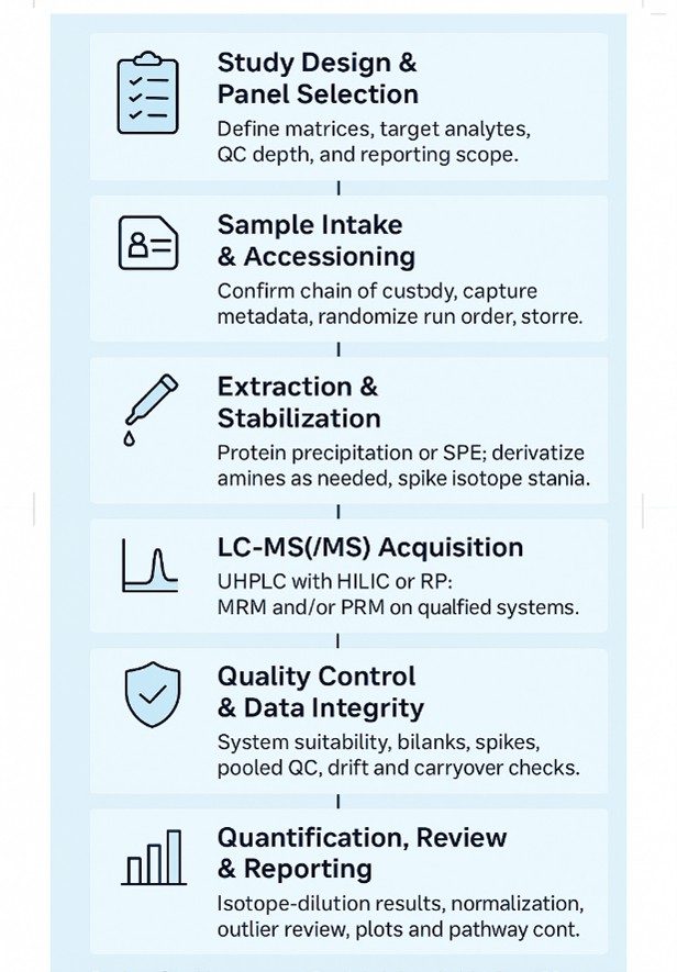Vertical six-step infographic showing the BCAA Analysis Workflow from study design to reporting.