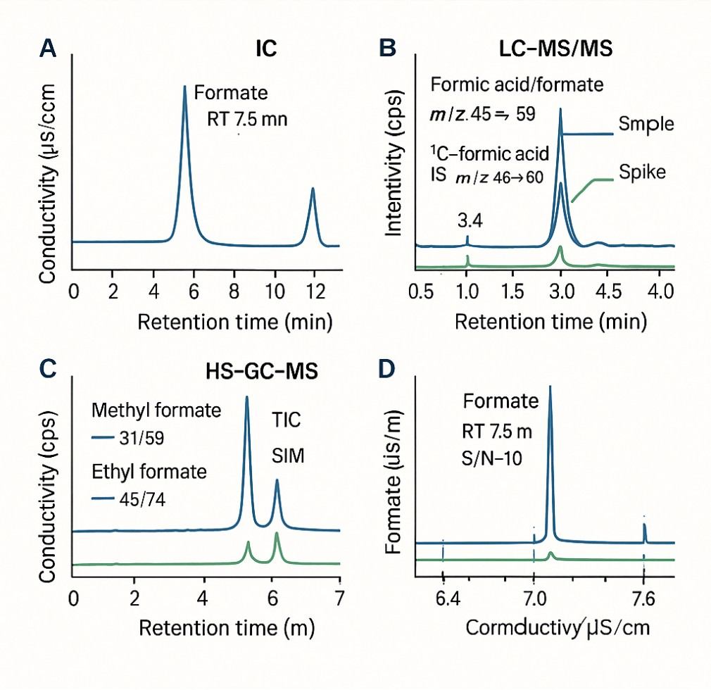 Four analytical panels showing IC, LC–MS/MS, and GC–MS chromatograms for formic acid, formate, and esters with labeled peaks, retention times, and internal standard confirmation.