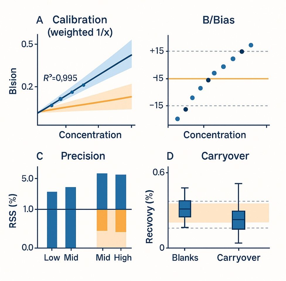 Four-panel validation dashboard including calibration curve, bias residuals, precision bars, and blank/carryover boxplots illustrating analytical performance and method compliance.