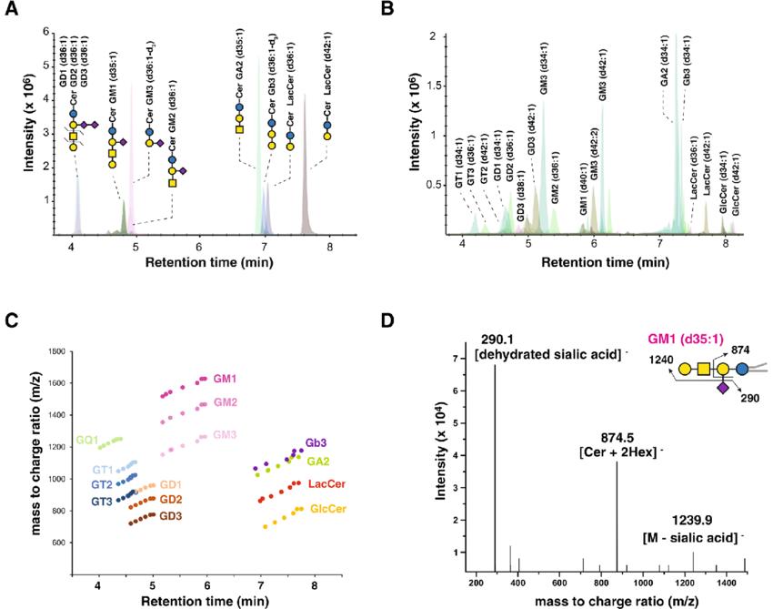 Detection of gangliosides and glycosphingolipids by a multiplexed LC-MS/MS method