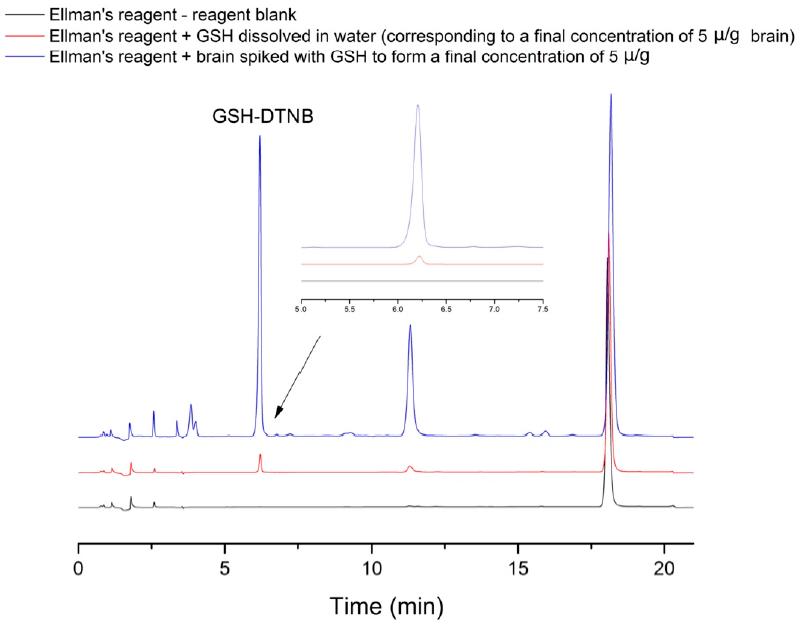 Representative chromatograms showing GSH and GSSG levels in a spiked rat brain sample using HPLC-UV method.