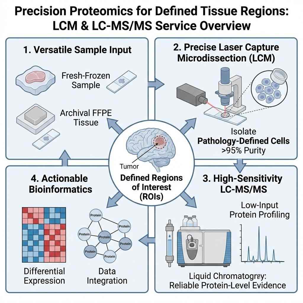 LCM-guided spatial proteomics workflow isolating specific tissue regions for LC-MS/MS analysis