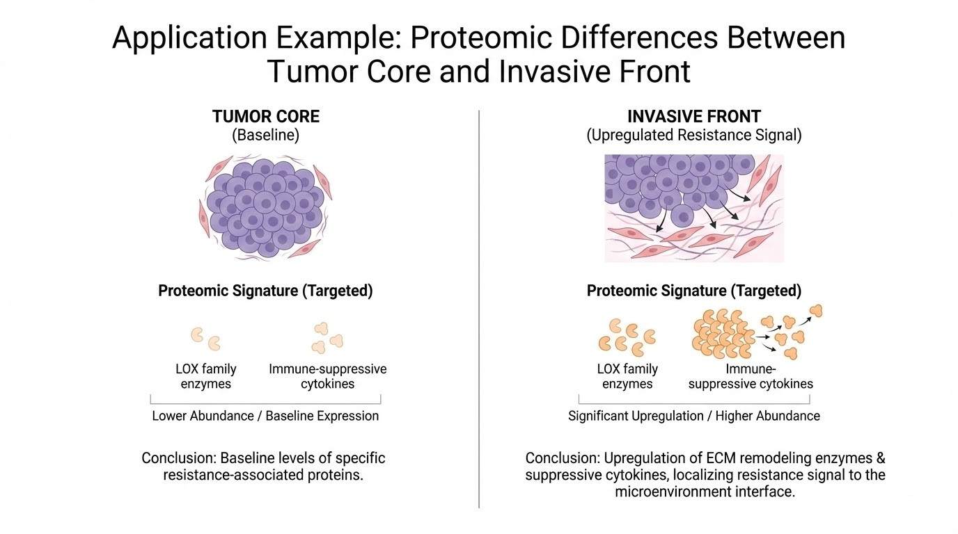 Illustrative chart showing proteomic differences between tumor core and invasive front
