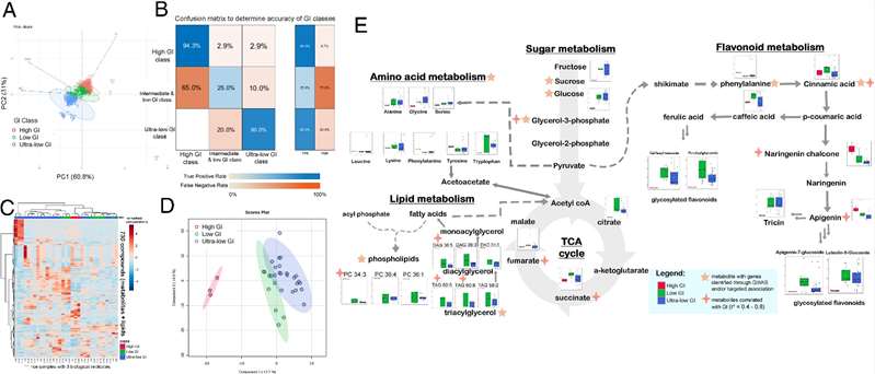 Graphical representation of classification results comparing ultralow, low, and high glycemic index (GI) rice lines, showing metabolite differences and contributions to GI variability across different amylose and protein content levels.