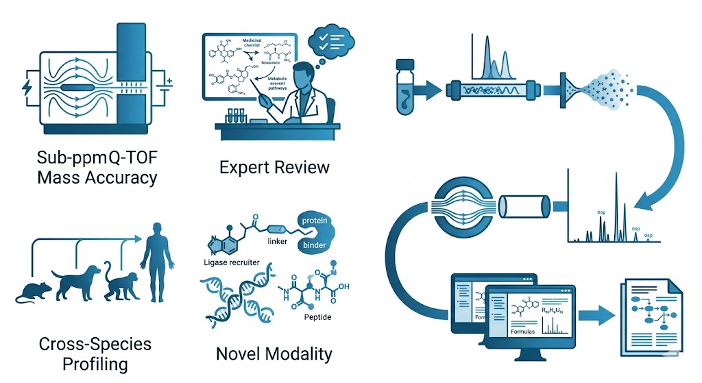 Metabolite identification (MetID) service overview featuring HRMS platforms, cross-species metabolite profiling, and four key advantages for drug metabolism studies.