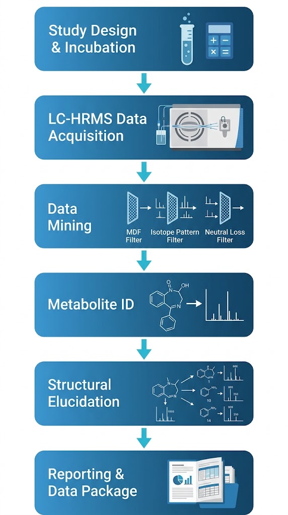 MetID workflow diagram showing six steps from study design and incubation optimization through LC-HRMS data acquisition, data mining, metabolite identification, structural elucidation, to final reporting and data package delivery.