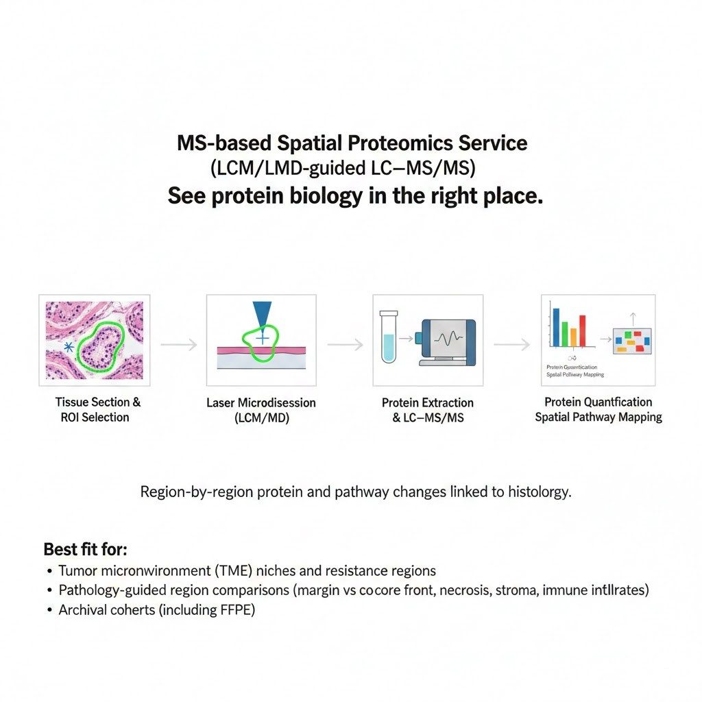 Laser microdissection (LCM/LMD) guided spatial proteomics workflow using LC–MS/MS for ROI-level protein and pathway profiling.