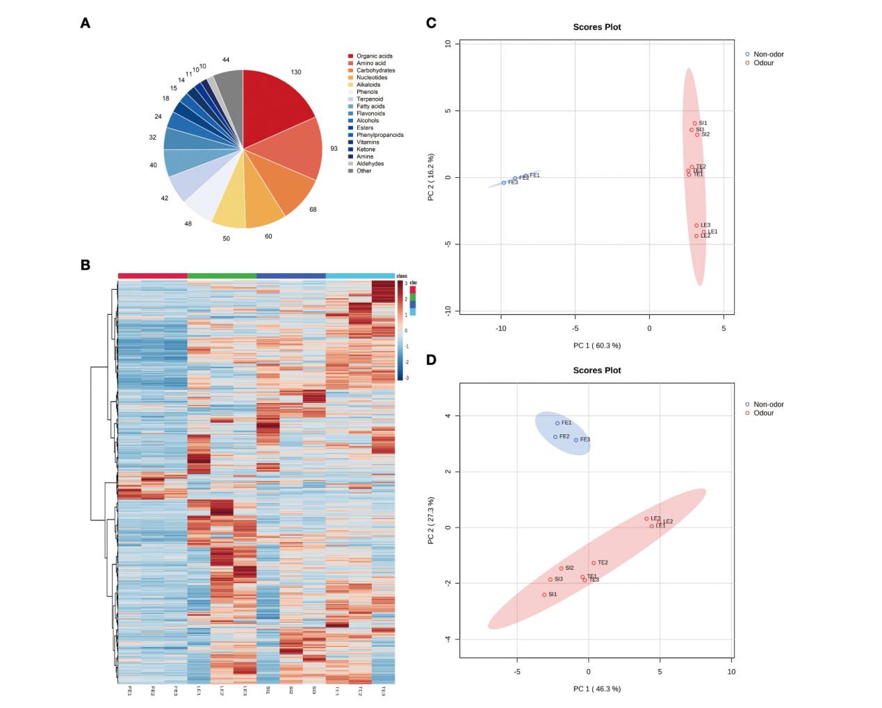 Metabolite analysis of Ferula root, showing metabolite distribution, clustering patterns, and sample separation in PCA plots.