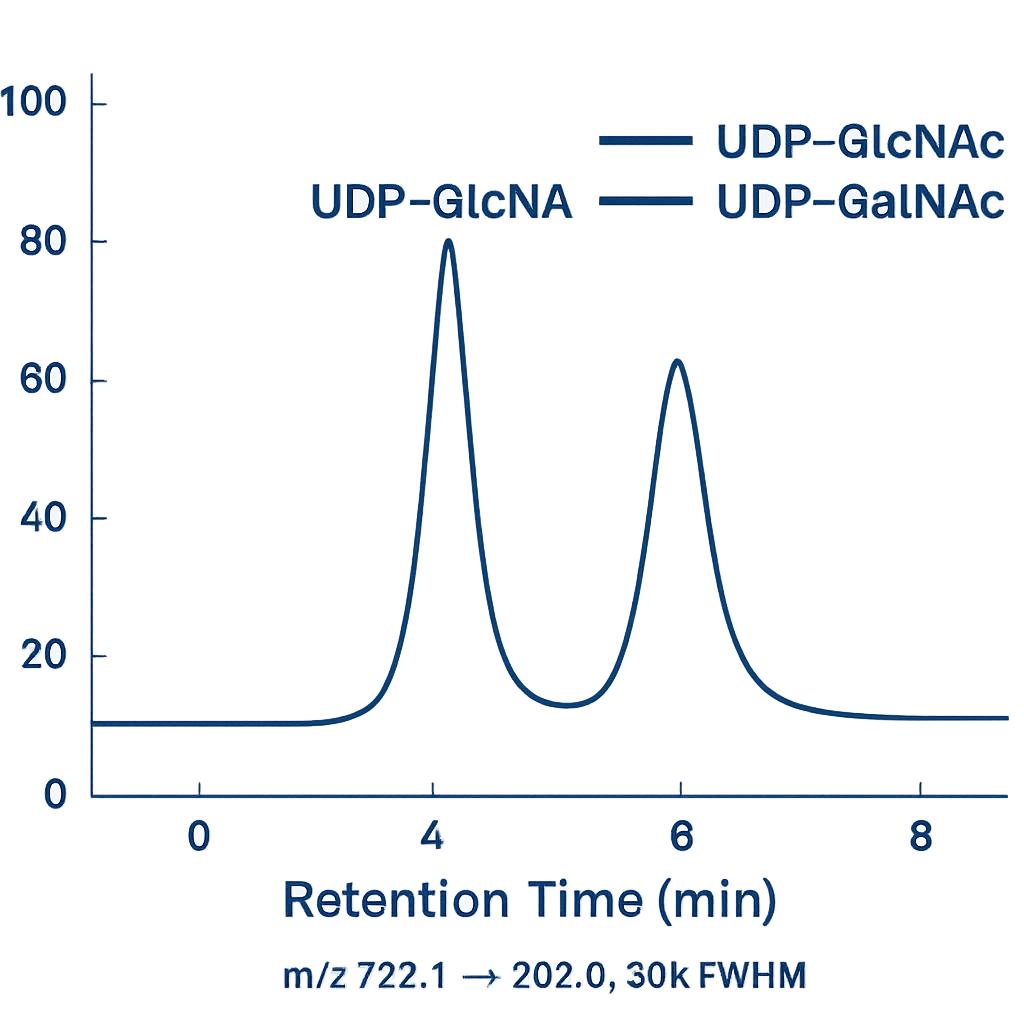 LC-MS/MS chromatogram separating UDP-GlcNAc and UDP-GalNAc with m/z transition details.