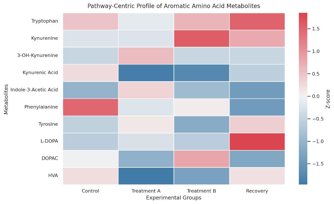 Heatmap of aromatic amino acid pathway metabolites across different treatment groups with color-coded Z-scores.
