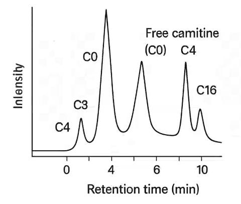 LC-MS/MS chromatogram showing distinct peaks for C0, C2, and C16 acylcarnitines with retention times labeled.