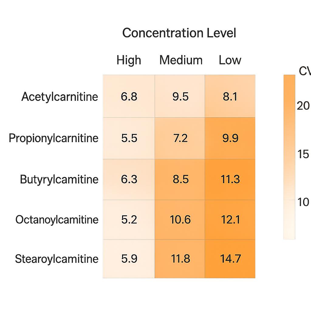Heatmap of CV% for five acylcarnitines across three concentrations with color gradient and numeric CV values.