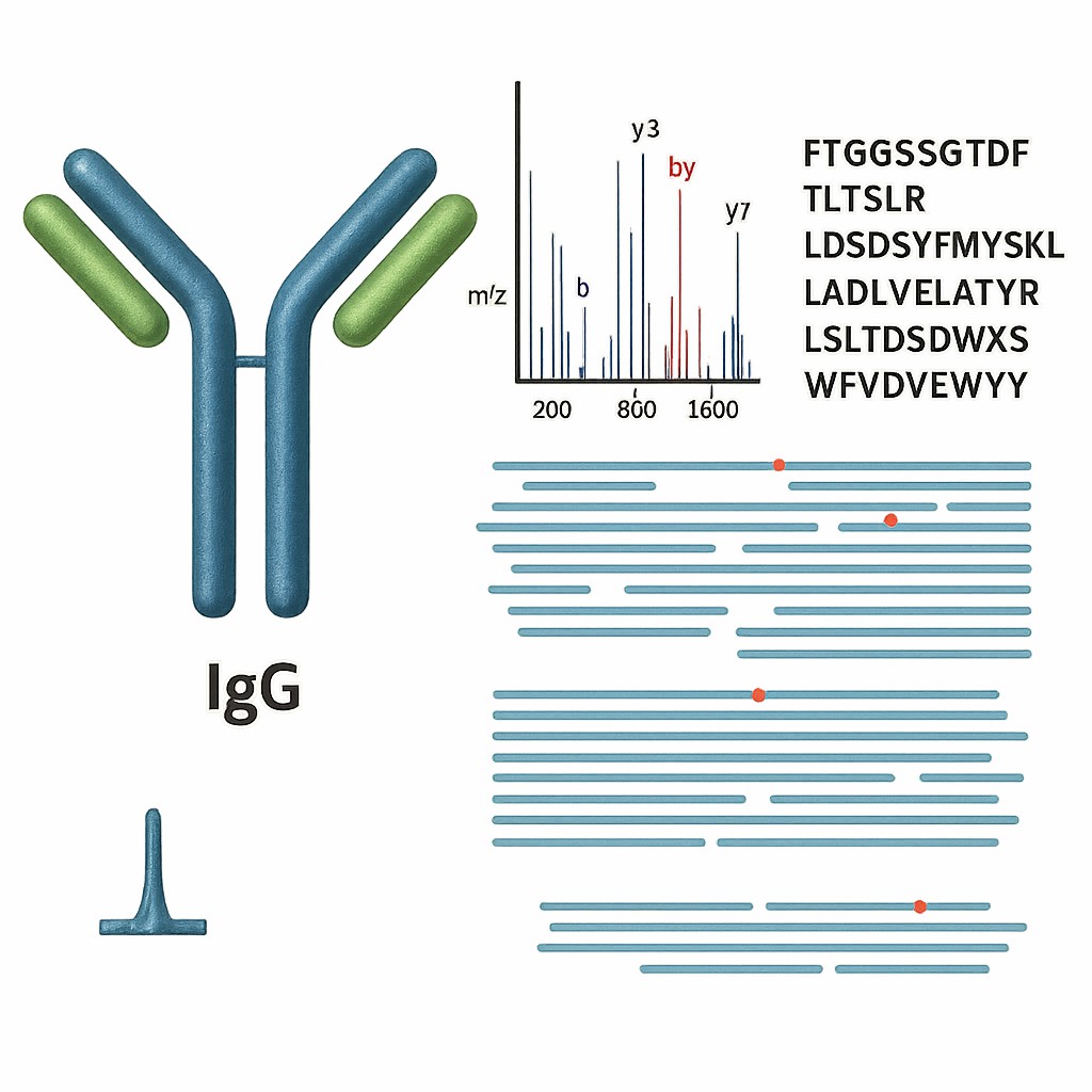 Antibody sequencing results from LC-MS/MS and peptide mapping