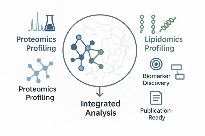 Integrated proteomics and lipidomics analysis infographic showing protein profiling, lipid profiling, biomarker discovery, pathway enrichment, and publication-ready results.