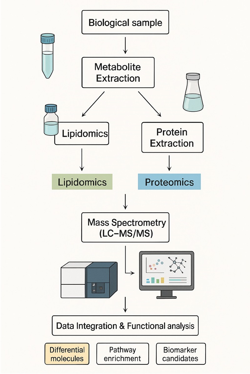 Vertical workflow of integrated proteomics and lipidomics analysis using LC-MS/MS and bioinformatics to identify differential molecules, pathways, and biomarkers.