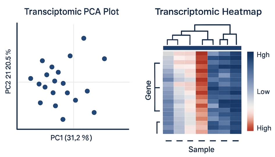 PCA plot and gene heatmap from RNA-seq data.