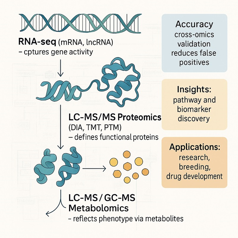 Integrated multiomics analysis infographic showing transcriptomics, proteomics, and metabolomics workflow with platforms and advantages