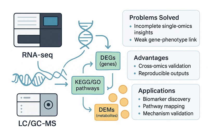 Integrated transcriptomics and metabolomics analysis illustration showing RNA-seq, LC/GC-MS, KEGG pathways, biomarker discovery, and multiomics integration