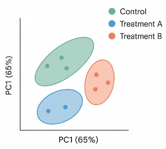 PCA plot illustrating sample clustering by isoprenoid metabolite profiles: Control, Treatment A, and Treatment B.