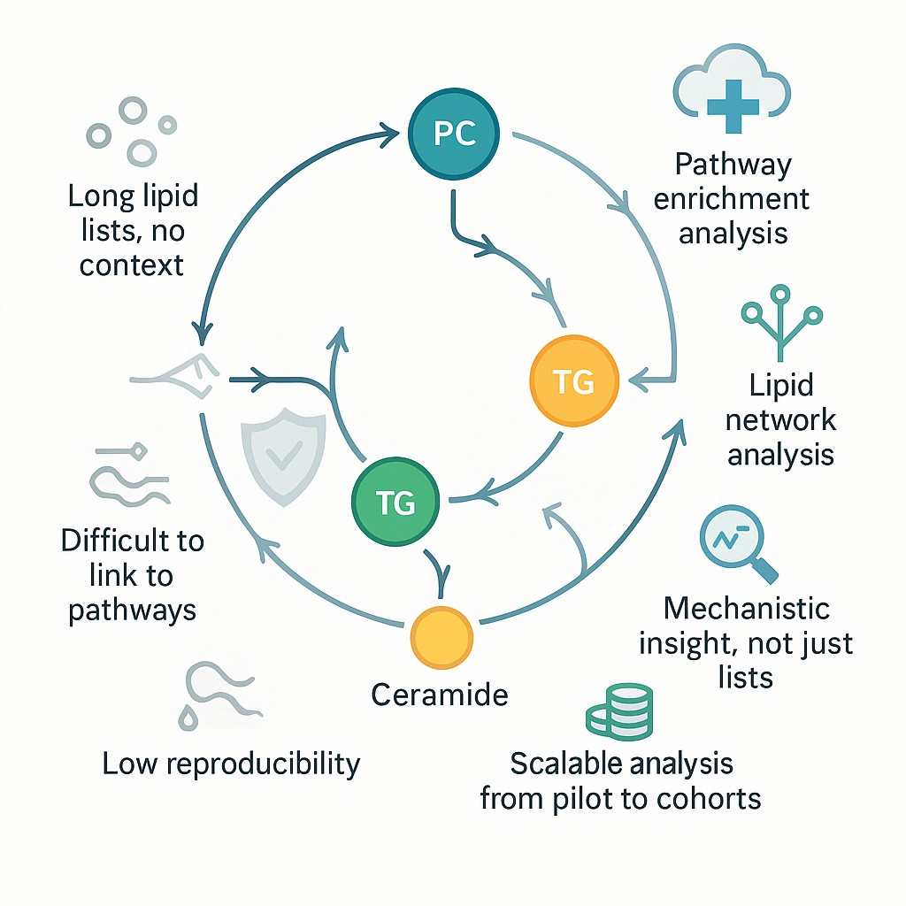 Biomolecular schematic of lipid pathway analysis highlighting differential lipid nodes, metabolic arrows, and CRO-style visualization of service advantages.