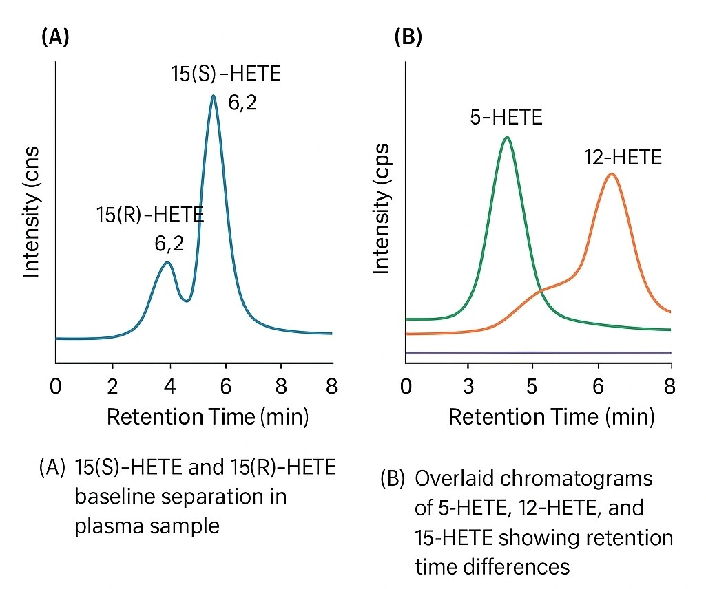 LC-MS/MS chromatograms showing (A) clear separation of 15(S)-HETE and 15(R)-HETE peaks, and (B) overlaid peaks for 5-HETE, 12-HETE, and 15-HETE with distinct retention times.