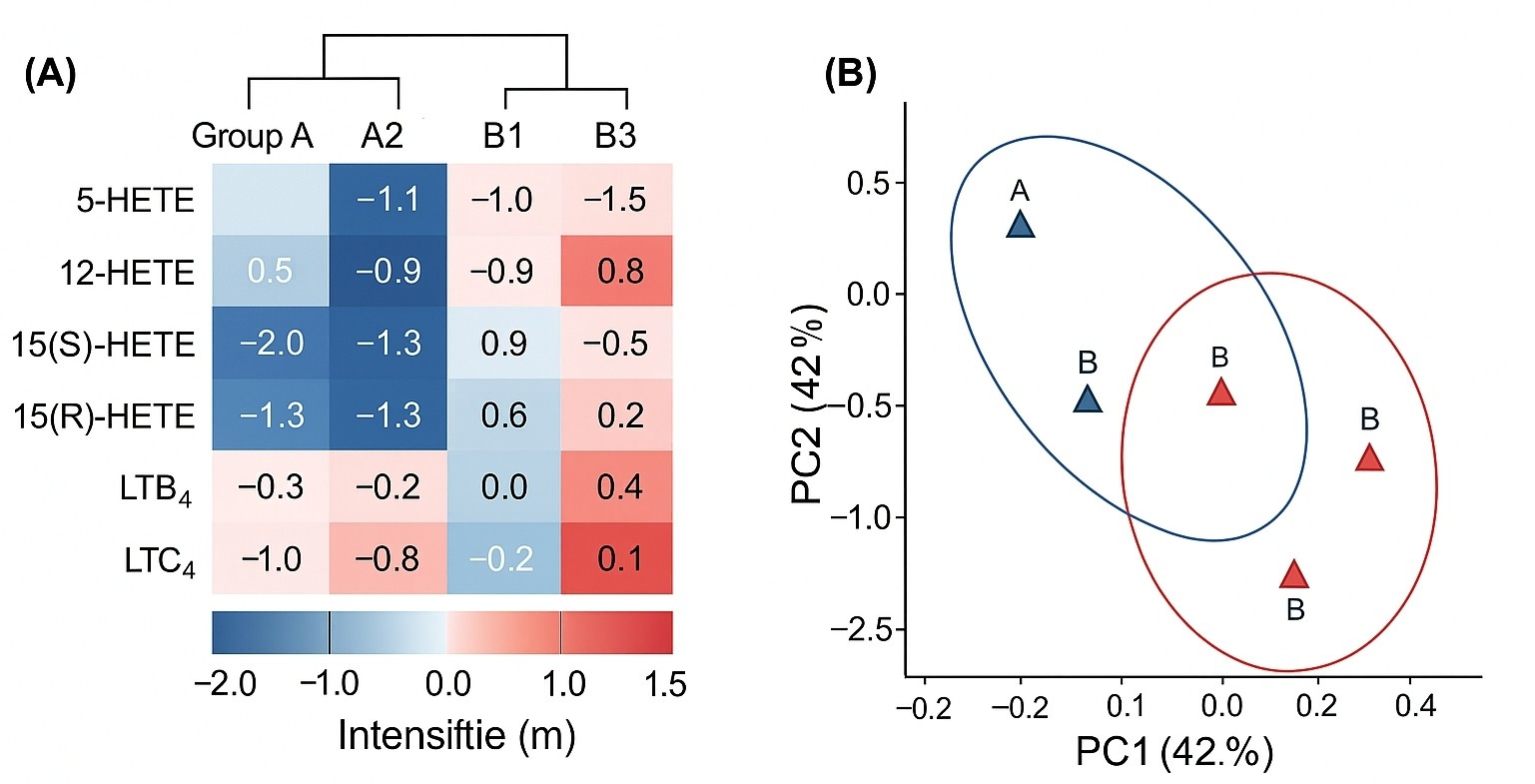 Heatmap displaying differential levels of LOX metabolites across groups, alongside a PCA plot indicating clear separation between sample groups based on LOX profiles.