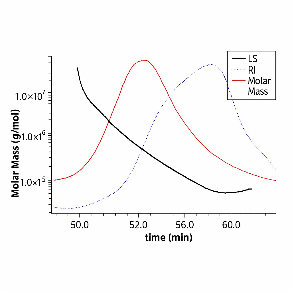 SEC-MALS chromatogram of a polysaccharide sample with red MALS signal, blue RI signal, and black curve showing calculated molar mass across elution time.