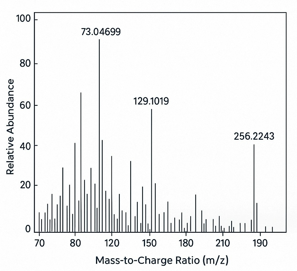 High-resolution MS spectrum with labeled peaks for saturated fatty acid fragments.