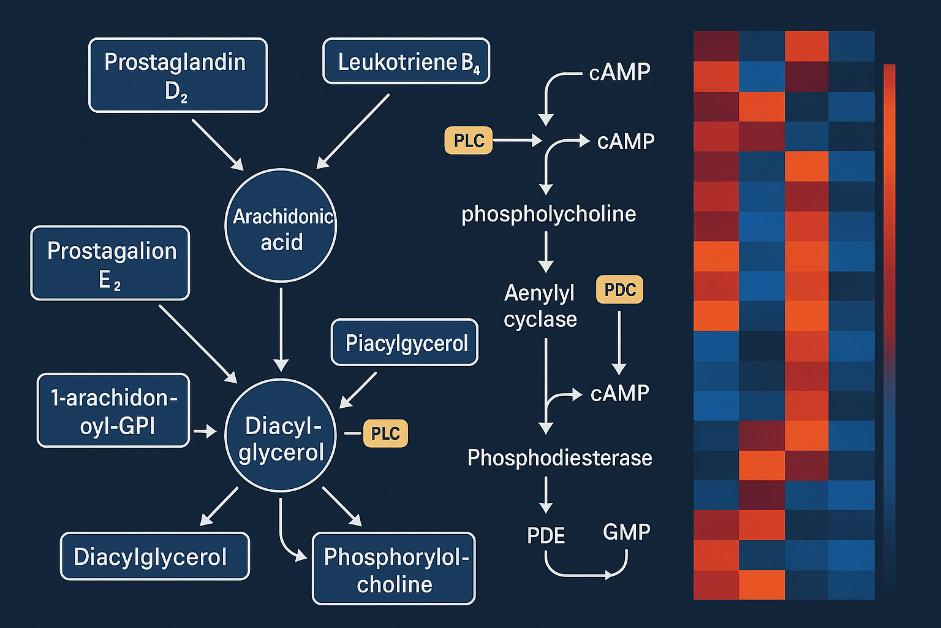 Diagram of arachidonic acid and diacylglycerol metabolism linked to signaling pathways, with a colorful heatmap of metabolite expression patterns.