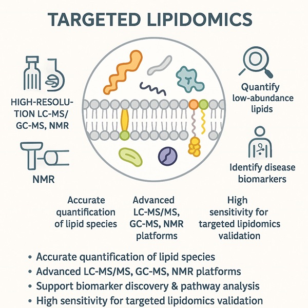 Targeted lipidomics analysis schematic with LC-MS/MS, GC-MS, NMR platforms and highlighted lipid molecules
