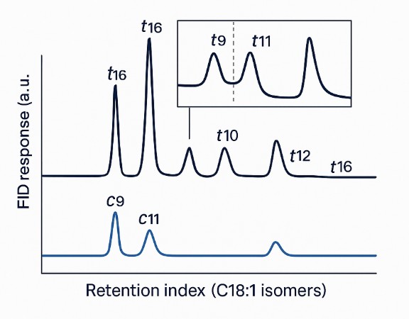 GC–FID chromatograms showing baseline separation of trans and cis C18:1 isomers with an inset comparing t9 and t11.