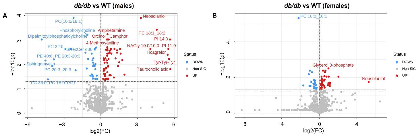 Effects of T2DM on the brain metabolome. Volcano plot of metabolites in T2DM db/db versus control WT for male (A) and female (B) mice.