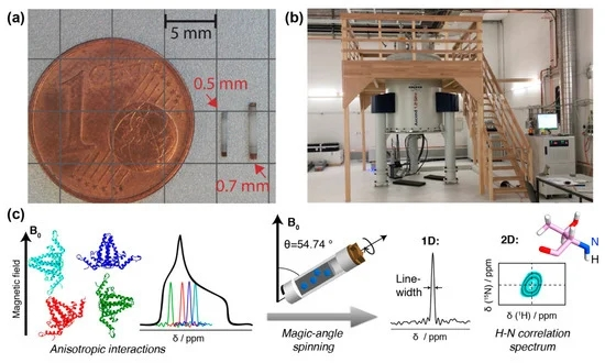 NMR rotors, spectrometer and resonance signals.